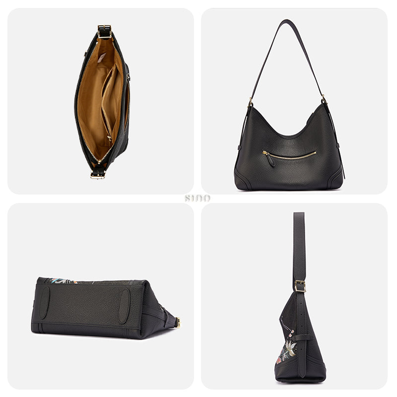 Interior and multi-angle view collage of the Luxury Song Brocade Blooming Flowers Leather Crossbody Bag, including inner compartments, back view, bottom view, and side profile.
