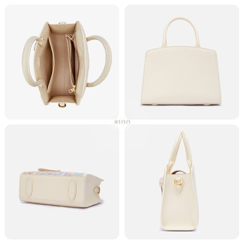 Interior, back, base, and side views of the Luxury Song Brocade Brave Voyage Leather Top Handle Bag with organized compartments and structured leather construction.