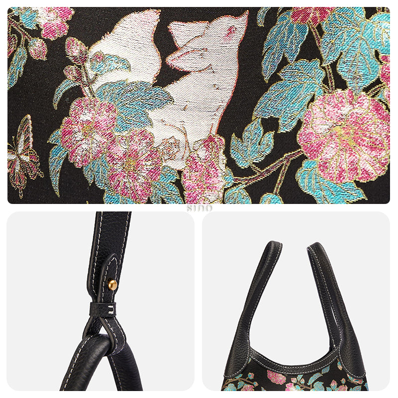 Three-panel detail view of the Luxury Song Brocade Butterfly and Auspicious Fox Basket Tote Bag, showing the woven fox and butterfly motif, strap hardware, and leather handles.