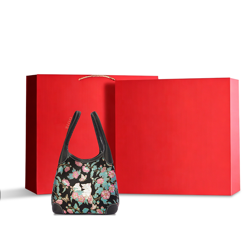Luxury Song Brocade Butterfly and Auspicious Fox Basket Tote Bag displayed with a red gift box, ideal for elegant gifting and premium retail presentation.