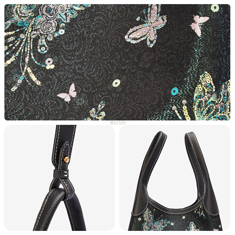Three-panel detail view of the Luxury Song Brocade Butterfly & Pearl Leather Basket Tote Bag, showing the shimmering butterfly brocade texture, strap hardware, and leather handles.