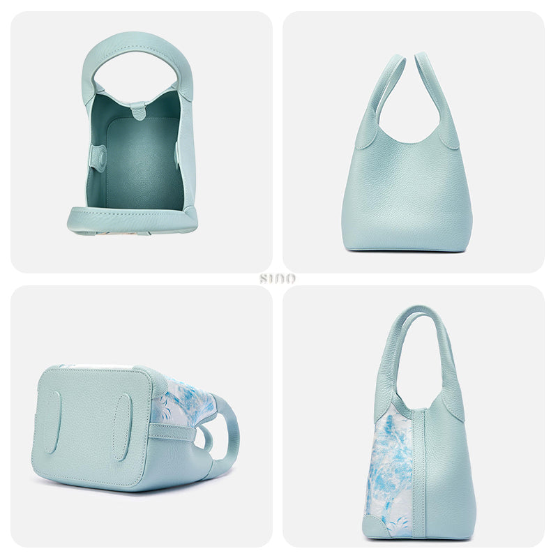 Four-panel detail view of the Luxury Song Brocade Misty Mountain Forest Leather Basket Tote Bag, showing the interior compartment, back view, reinforced bottom, and side profile.