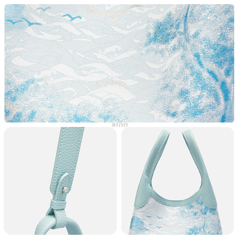 Three-panel detail view of the Luxury Song Brocade Misty Mountain Forest Leather Basket Tote Bag, showing the woven landscape texture, strap hardware, and soft leather handles.