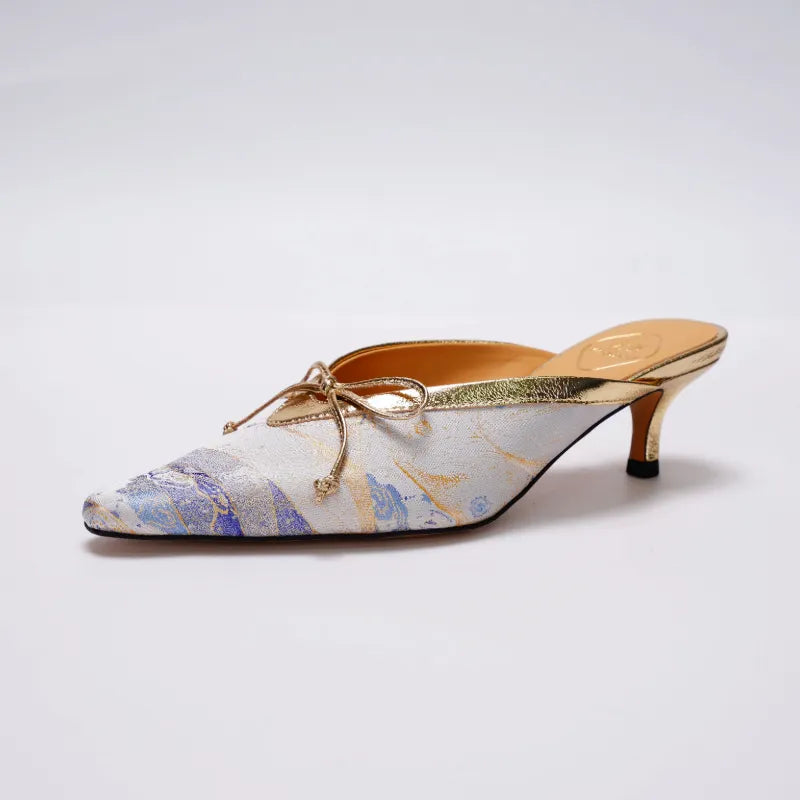 Luxury Song Brocade kitten heel shoes showcasing the Moonlit Splendor woven motif and refined silhouette.