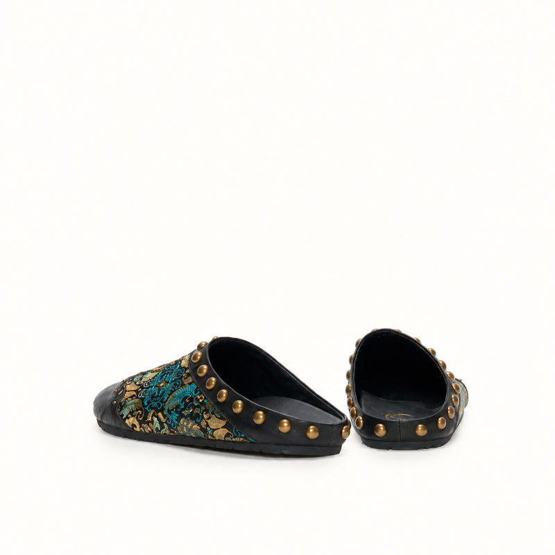 Side view of Luxury Song Brocade Ancient Leaf mules showing the 2cm low heel height and open-back mule design.