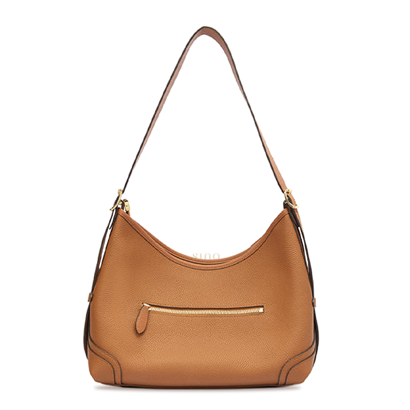 Back view of the Luxury Song Brocade Orange Peony Motif Leather Crossbody Bag with brown leather back panel and zip pocket.