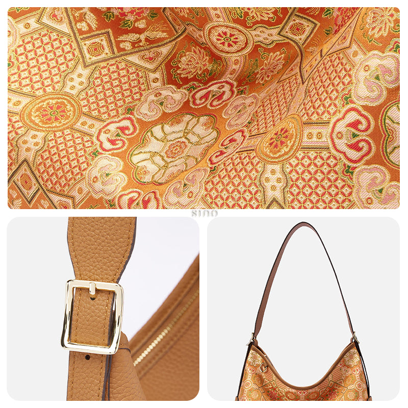 Detail collage of the Luxury Song Brocade Orange Peony Motif Leather Crossbody Bag, showing the woven orange peony motif, strap buckle, and shoulder strap details.