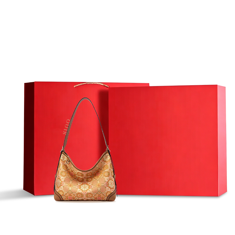 Luxury Song Brocade Orange Peony Motif Leather Crossbody Bag displayed with a red gift box, ideal for gifting.