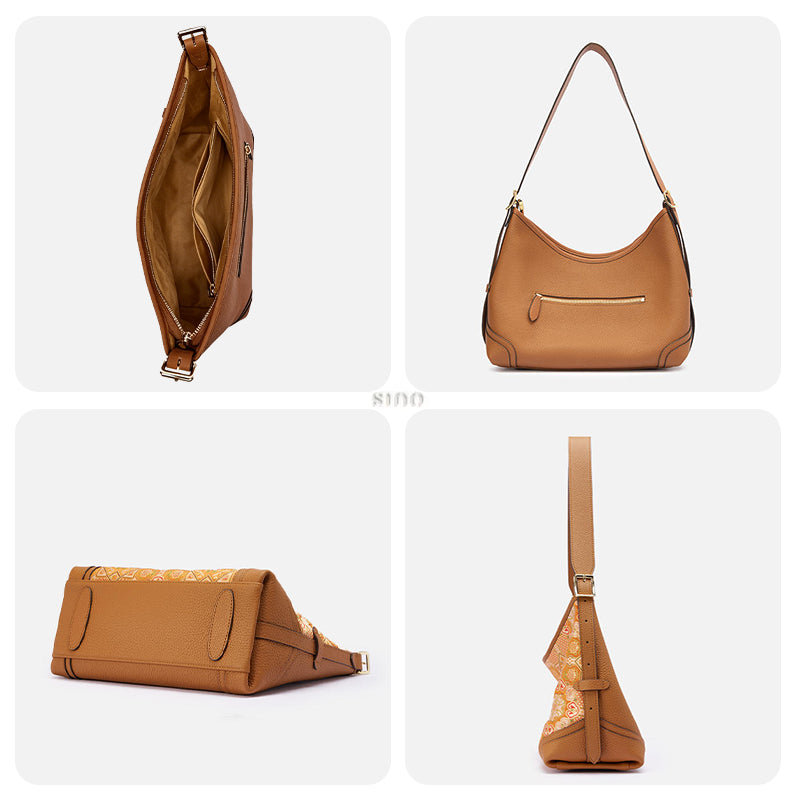 Interior and multi-angle view collage of the Luxury Song Brocade Orange Peony Motif Leather Crossbody Bag, including inner compartments, back view, bottom view, and side profile.