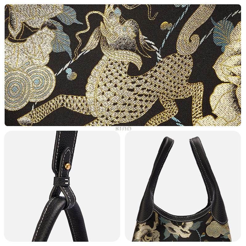 Close-up details of Song Brocade Qilin peony basket tote bag showing woven pattern, hardware buckle, and leather handle craftsmanship.