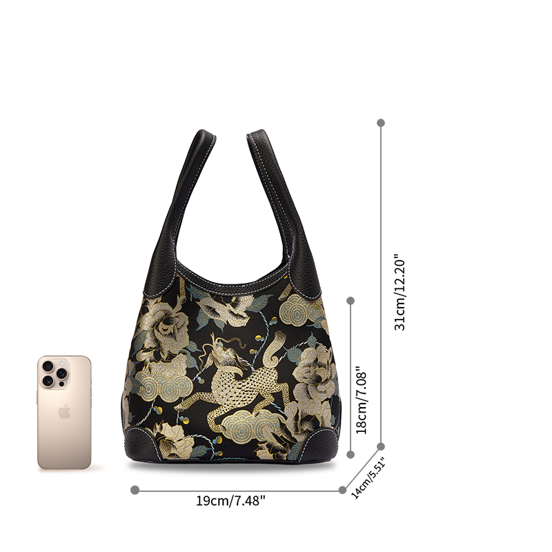 Size and dimension chart of luxury Song Brocade Qilin peony leather basket tote bag with smartphone scale comparison.