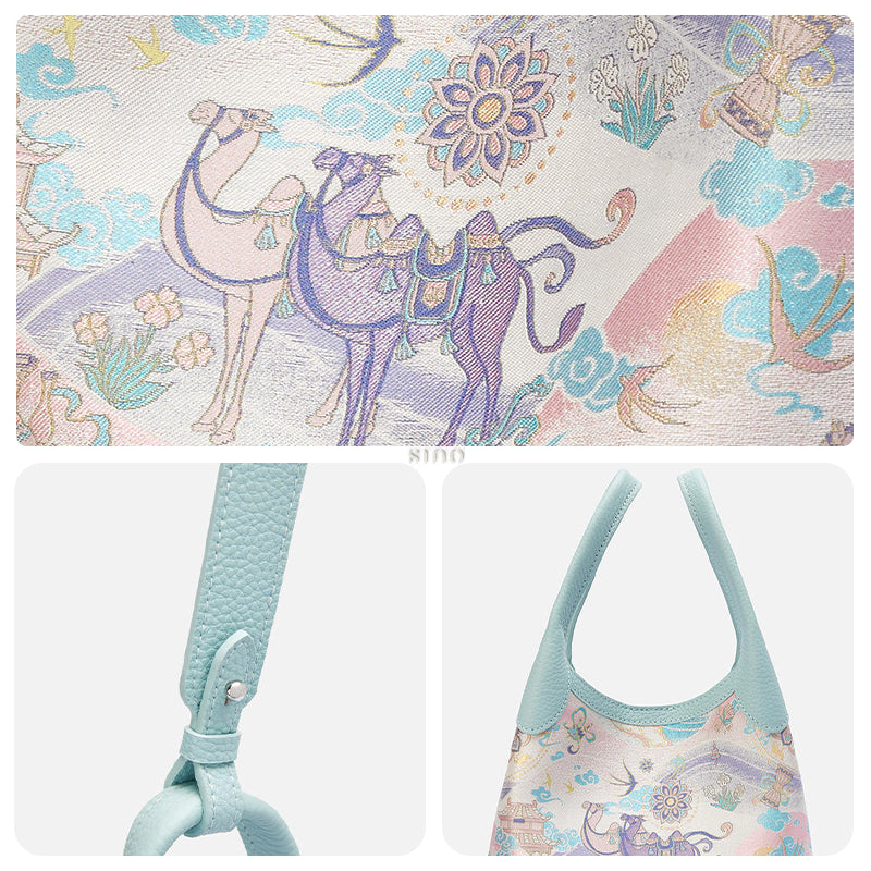 Three-panel detail view of the Song Brocade Silk Road Leather Basket Tote Bag, showing the woven camel and horse motif, strap hardware, and soft leather handles.