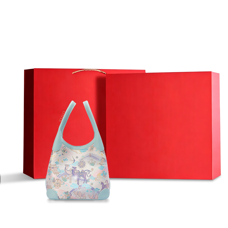 Chinoiserie Luxury Song Brocade Silk Road Leather Basket Tote Bag displayed with a red gift box, ideal for premium gifting and elegant retail presentation.