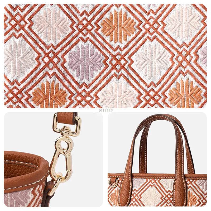 Luxury Zhuang Brocade Embroidered Leather Zipper Crossbody Bag - SinoCultural -- FJ110696