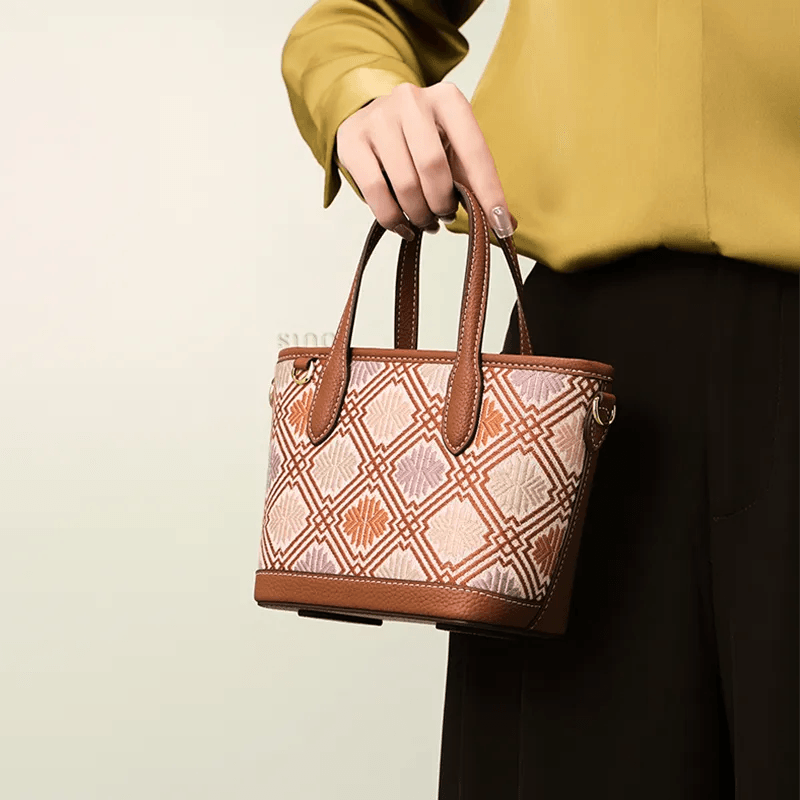 Luxury Zhuang Brocade Embroidered Leather Zipper Crossbody Bag - SinoCultural -- FJ110696
