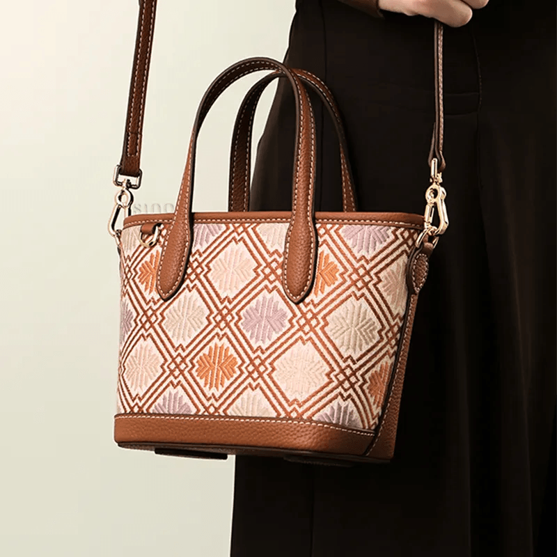 Luxury Zhuang Brocade Embroidered Leather Zipper Crossbody Bag - SinoCultural -- FJ110696