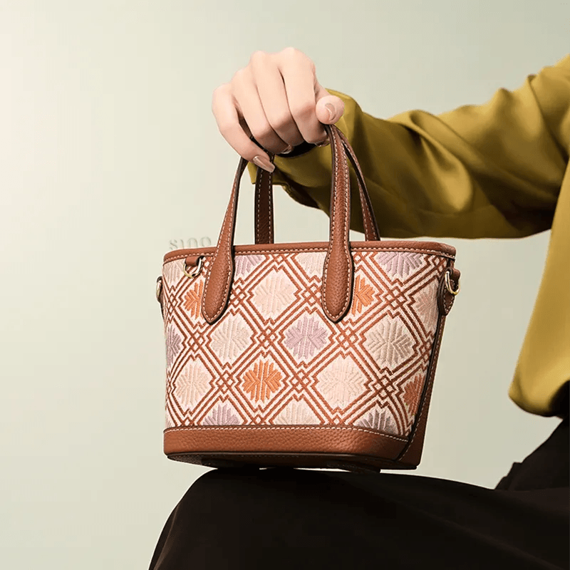Luxury Zhuang Brocade Embroidered Leather Zipper Crossbody Bag - SinoCultural -- FJ110696
