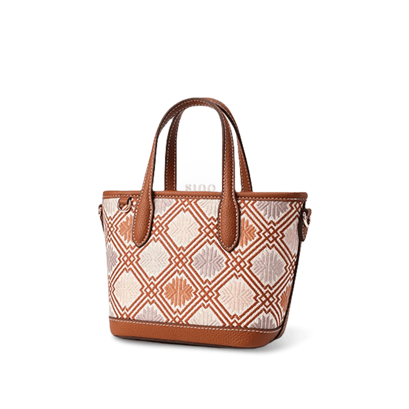 Luxury Zhuang Brocade Embroidered Leather Zipper Crossbody Bag - SinoCultural -- FJ110696