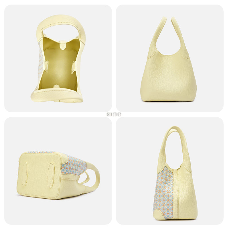 Four-panel detail view of the Luxury Zhuang Brocade Osmanthus Motif Leather Basket Tote Bag, showing the interior compartment, back view, reinforced bottom, and side profile.