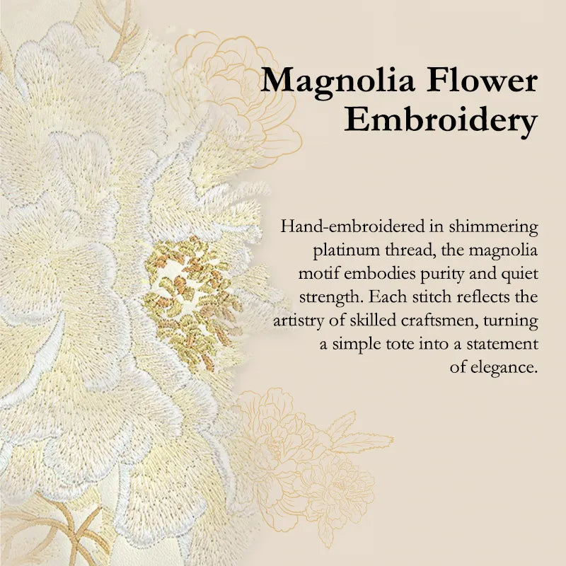 Magnolia flower embroidery detail: hand-stitched with shimmering platinum thread, symbolizing purity and quiet strength.