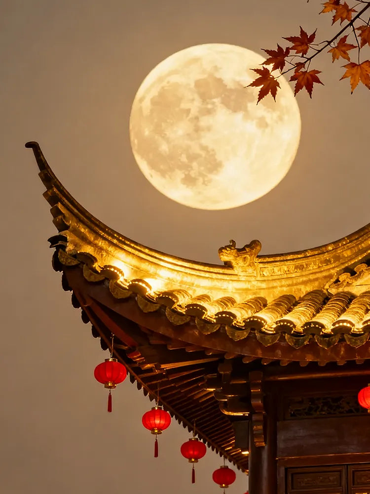 A full moon above a gilded traditional Chinese roof with hanging red lanterns and maple leaves—evoking the cozy warmth of Mid-Autumn Festival.