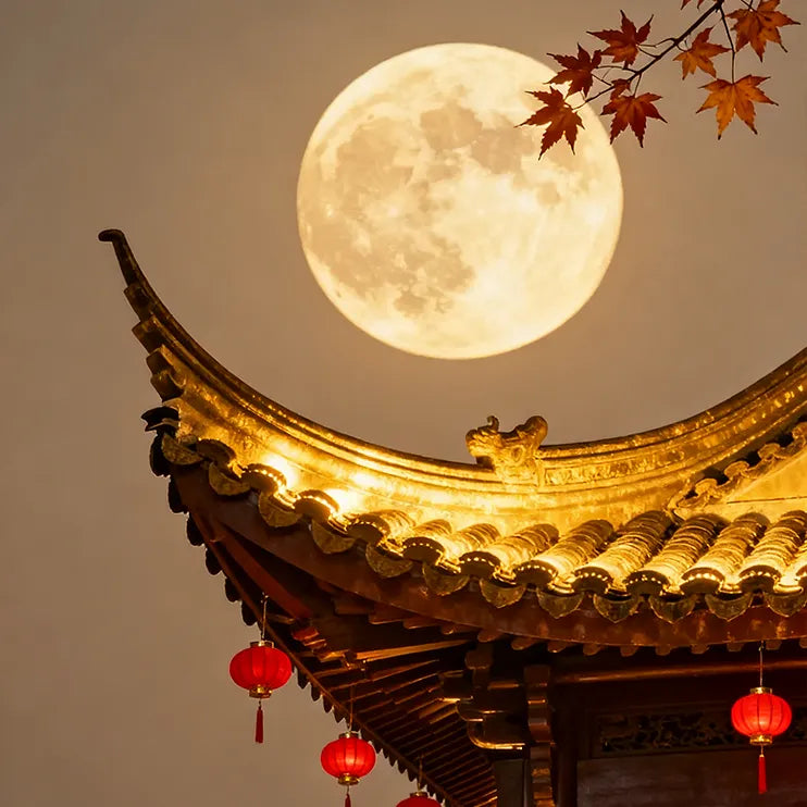 A full moon above a gilded traditional Chinese roof with hanging red lanterns and maple leaves—evoking the cozy warmth of Mid-Autumn Festival.