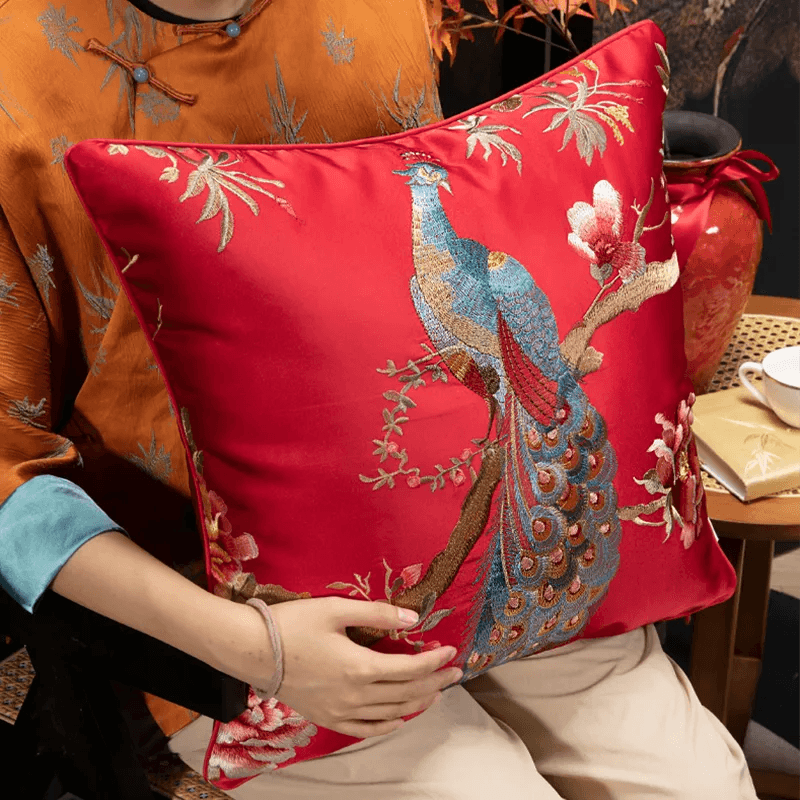 Chinoiserie Peony and Peacock Embroidered Throw Pillow for Sofa Bed Decor - SinoCultural -- SJZBZ083B45A