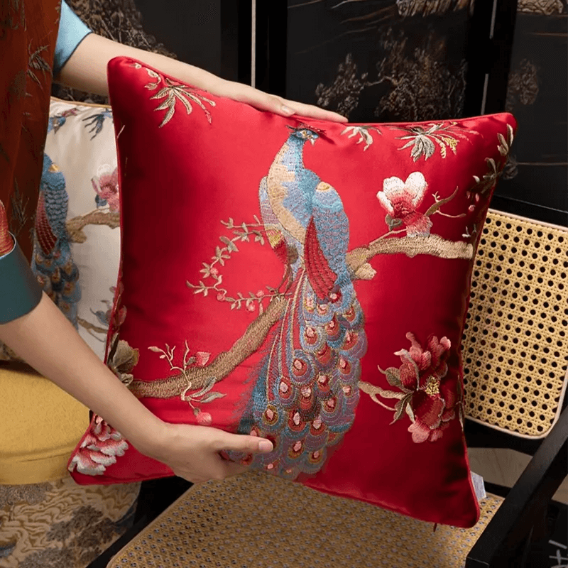 Chinoiserie Peony and Peacock Embroidered Throw Pillow for Sofa Bed Decor - SinoCultural -- SJZBZ083B45A