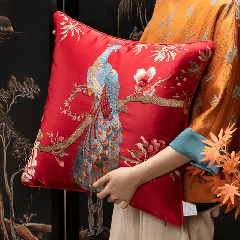 Chinoiserie Peony and Peacock Embroidered Throw Pillow for Sofa Bed Decor - SinoCultural -- SJZBZ083B45A