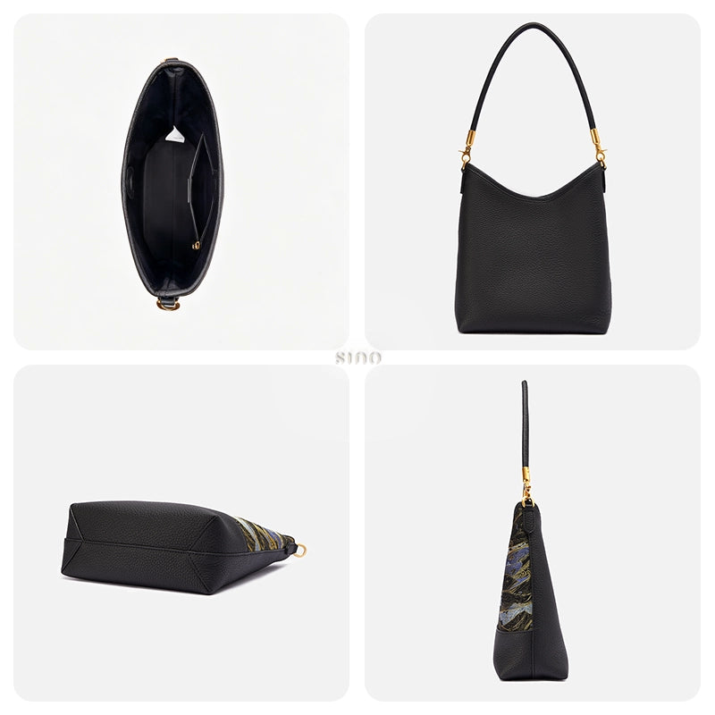 Interior, black leather back, structured base, and side profile of the Moonlit Splendor shoulder bag.