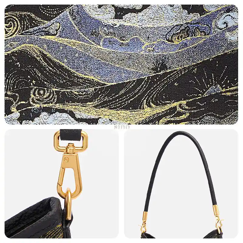 Close-up of the blue and gold Moonlit Splendor Song Brocade motif, leather strap, and gold-tone hardware.