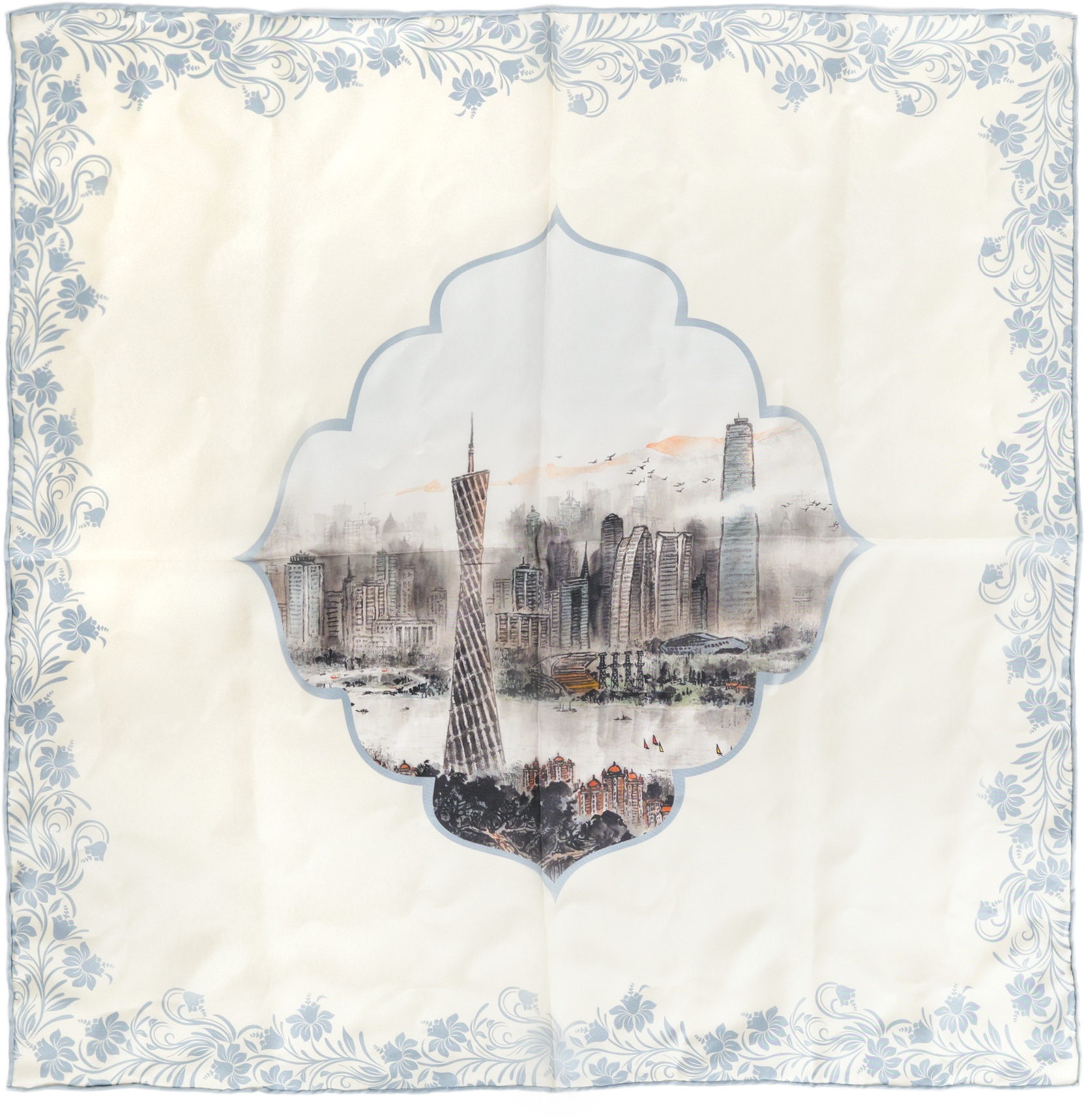 Chinoiserie luxury square scarf featuring Canton Tower – abstract Guangzhou skyline silhouette in gold and black on deep blue mulberry silk.