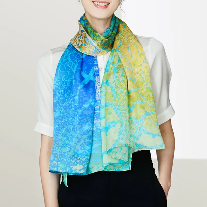 100% Mulberry Silk Dual-Color Long Scarf Shawl - Model with front knot necktie style.