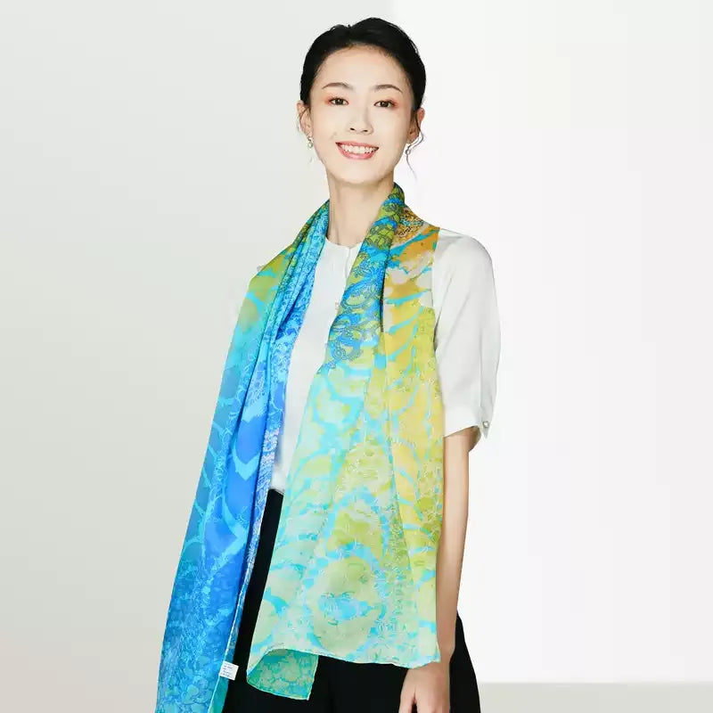 100% Mulberry Silk Dual-Color Long Scarf Shawl - Model wearing around neck with draped ends (side view).