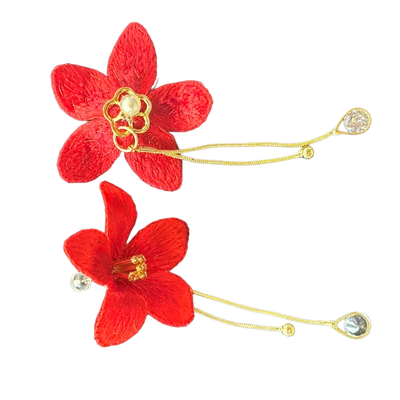 Detail view of mulberry silk kapok flower earrings handmade with traditional Cantonese embroidery.
