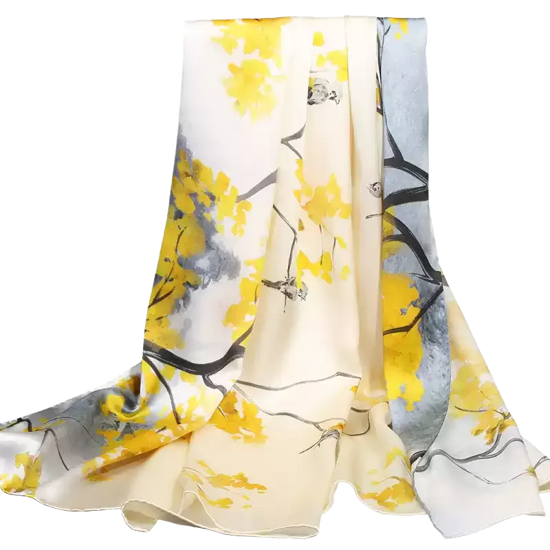 100% Mulberry Silk Long Scarf with Autumn Ginkgo - Full view on white background.