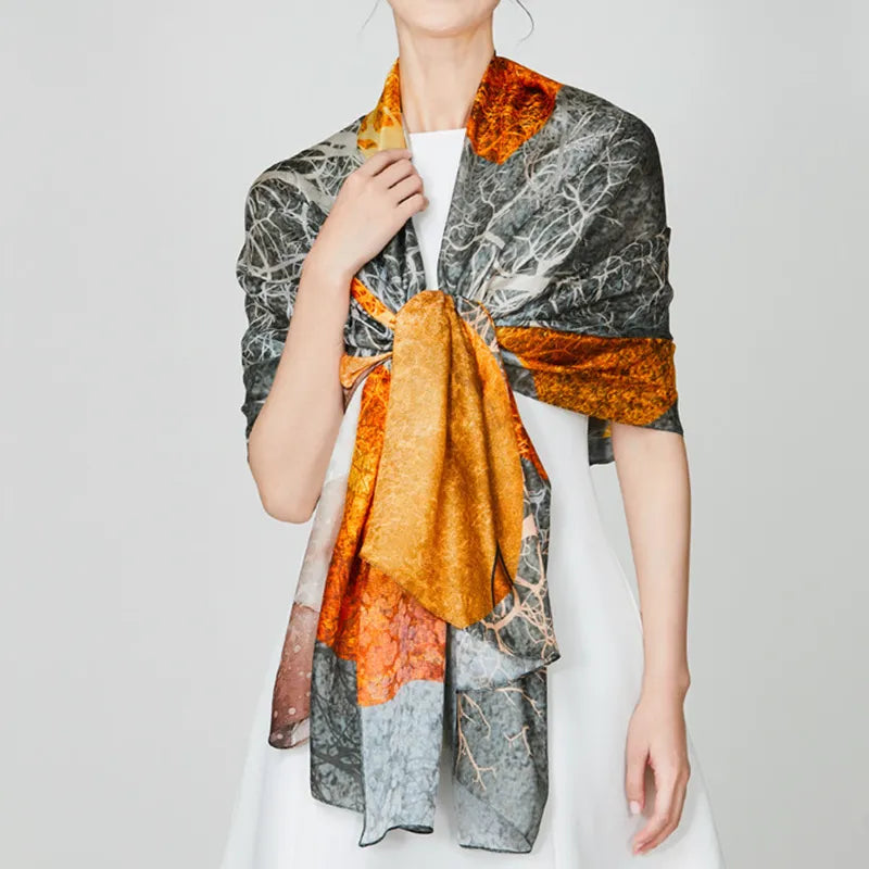 100% Mulberry Silk Long Scarf with Autumnal Forest - Model wearing as knotted shawl.