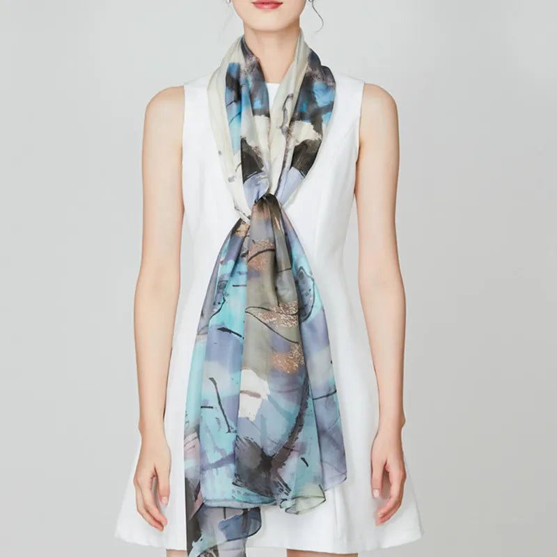 100% Mulberry Silk Long Scarf with Chinese Ink Lotus - Model wearing front-knotted neck scarf.