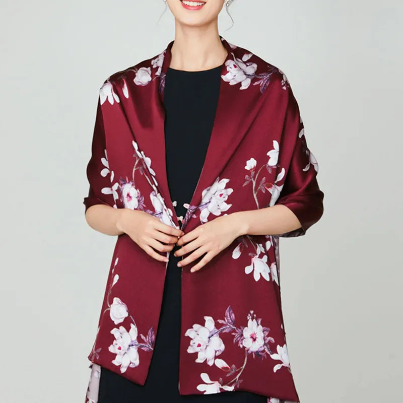 100% Mulberry Silk Long Scarf with Chinese Magnolia - Model wearing buttoned shawl (front view).