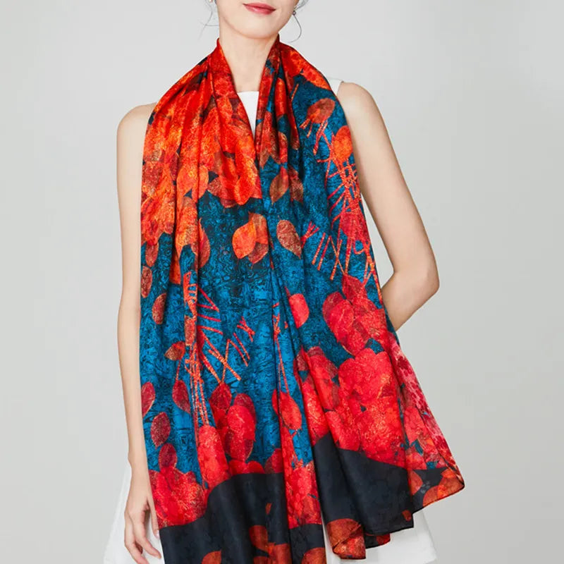 100% Mulberry Silk Long Scarf with Crimson Blooms - Model wearing as long draped neck scarf.