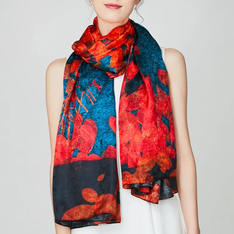 100% Mulberry Silk Long Scarf with Crimson Blooms - Model with tied neck scarf style.