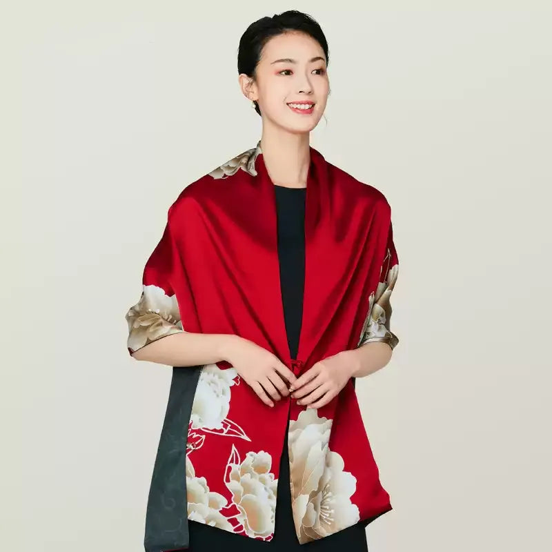 100% Mulberry Silk Long Scarf with Luxurious Peony - Model wearing scarf draped over shoulders (side view).