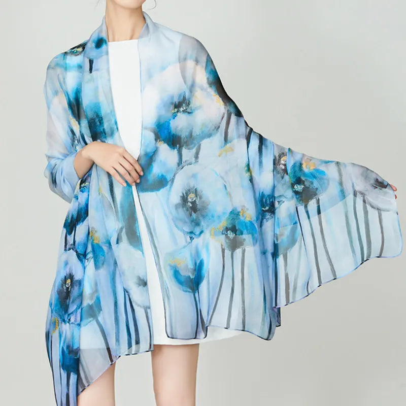 100% Mulberry Silk Long Scarf with Watercolor Floral - Model showcasing draped arms with shawl.