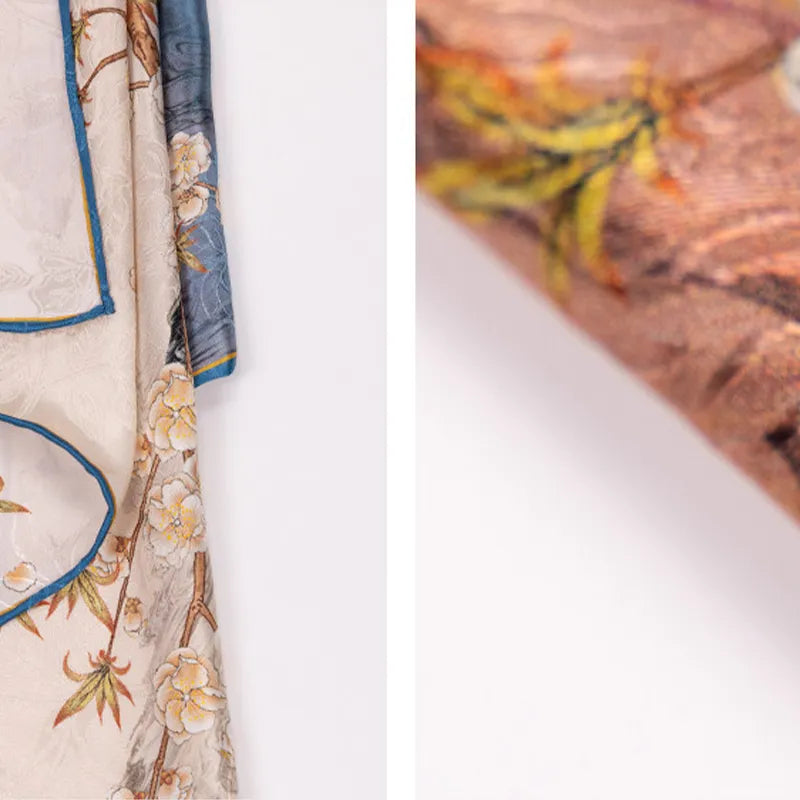 Close-up detail of the Luxury Nanjing Brocade Bloom mulberry silk square scarf, showing soft silk texture and printed floral pattern.