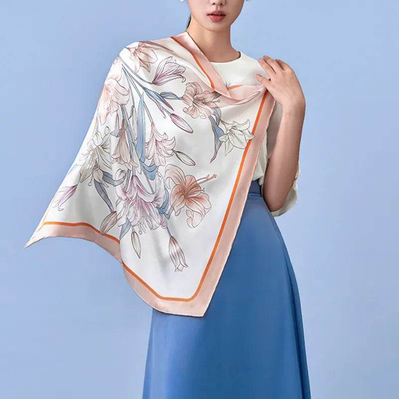 100% Mulberry Silk Summer Lily Square Scarf 70 x 70 Cm - SinoCultural -- SS024-1