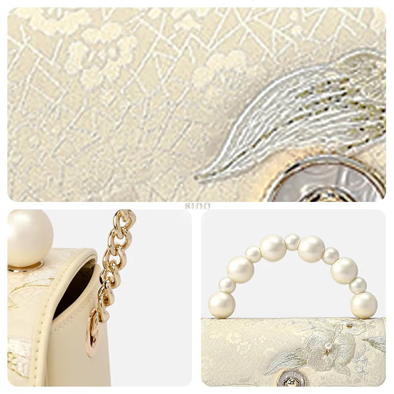 Close-up: Shuanglin Lingjuan silk embroidery, hardware and beaded strap.