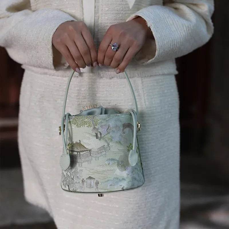Chinese Painting Mulberry Silk Green Bucket Designer Handbag - SinoCultural -- P17061805