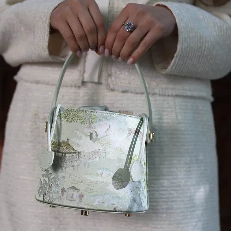 Chinese Painting Mulberry Silk Green Bucket Designer Handbag - SinoCultural -- P17061805