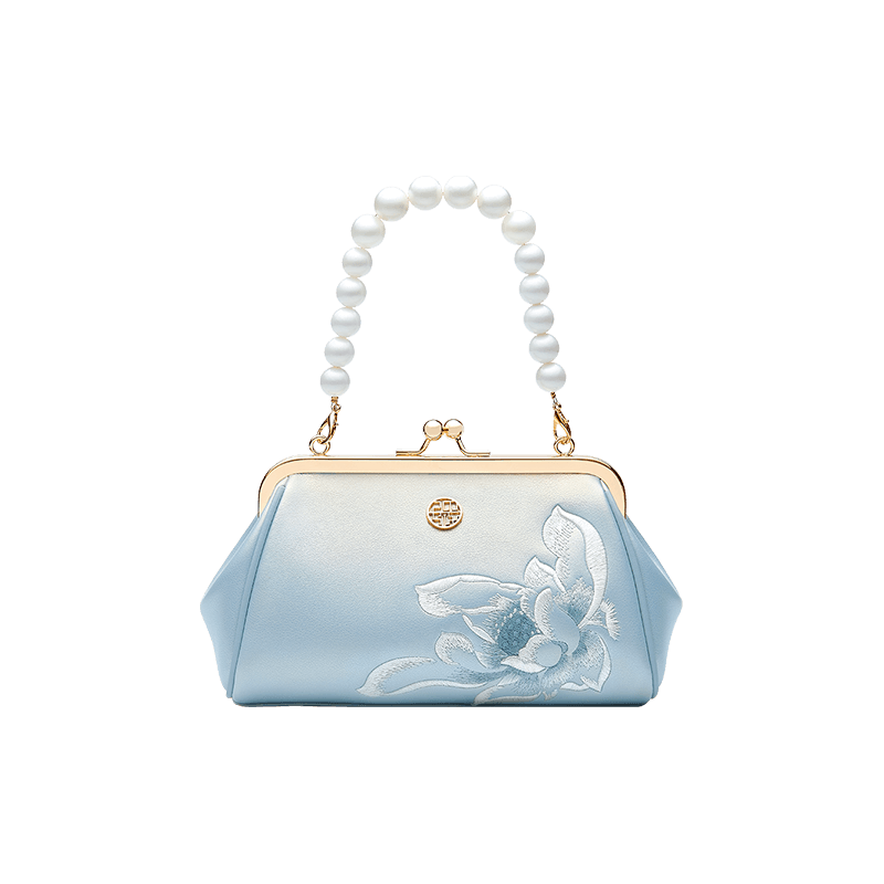Embroidery Leather Kiss Lock Clutch Bag Lotus Evening Handbag - SinoCultural -- P220251