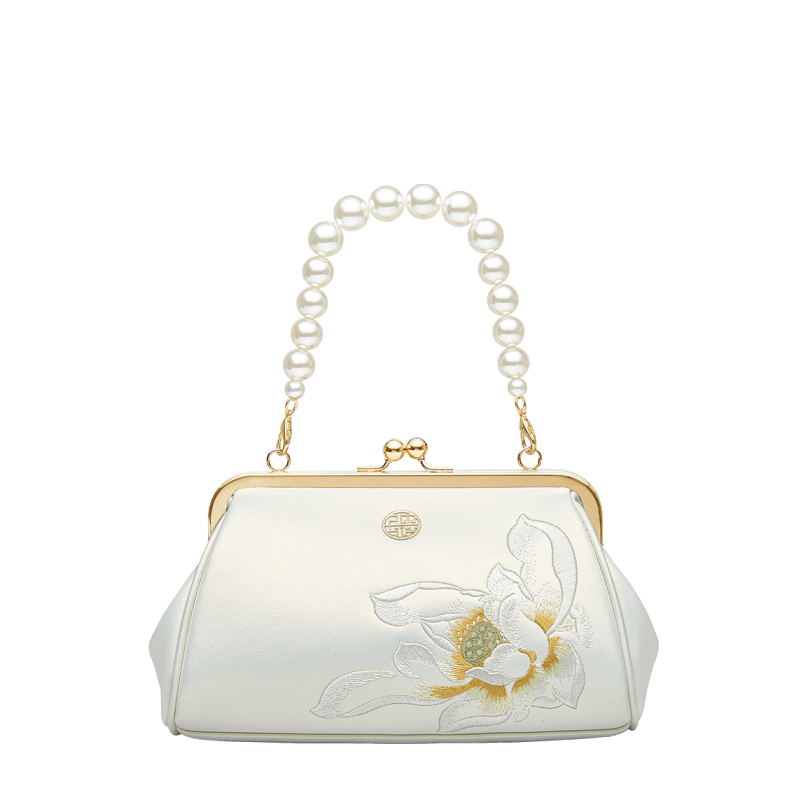 Embroidery Leather Kiss Lock Clutch Bag Lotus Evening Handbag - SinoCultural -- p220251 -